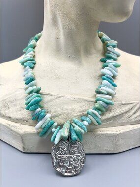 Vintage Bohemian Amazonite Necklace with Silver Plate Coin Replica Pendant